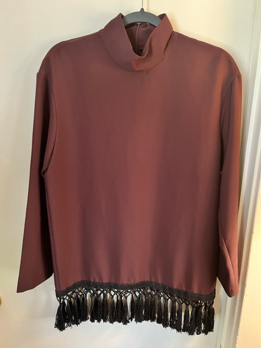 Zara Woman Burgundy Mock Neck Long Sleeve Top with Black Tassel Hem Size Small